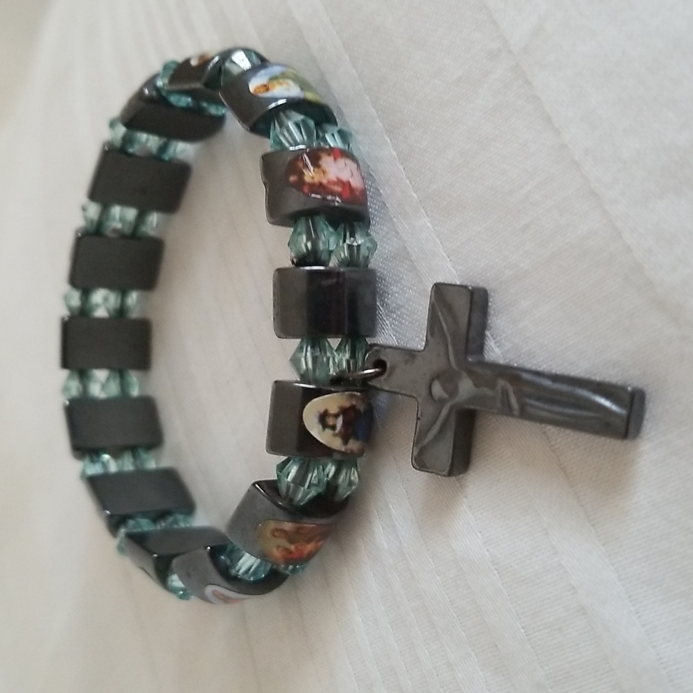 New Hematite Cross Mary Jesus Religious Stretch Bracelet
